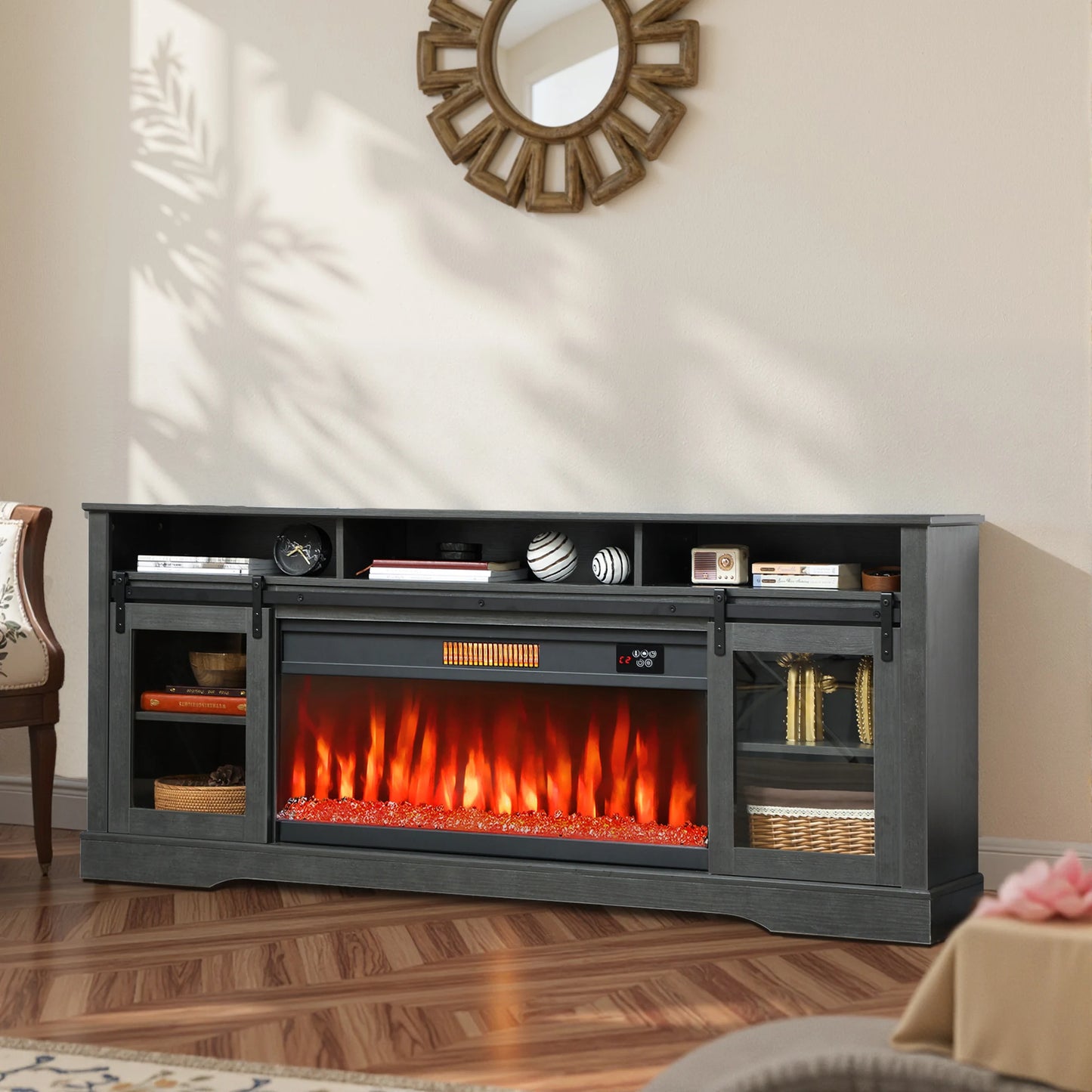Fireplace TV Stand for TVs Up to 80 Inches, Modern Entertainment Center with 36" Glass Electric Fireplace & LED Lights, TV Console with Open Storage and Side Cabinets for Living Room, Black