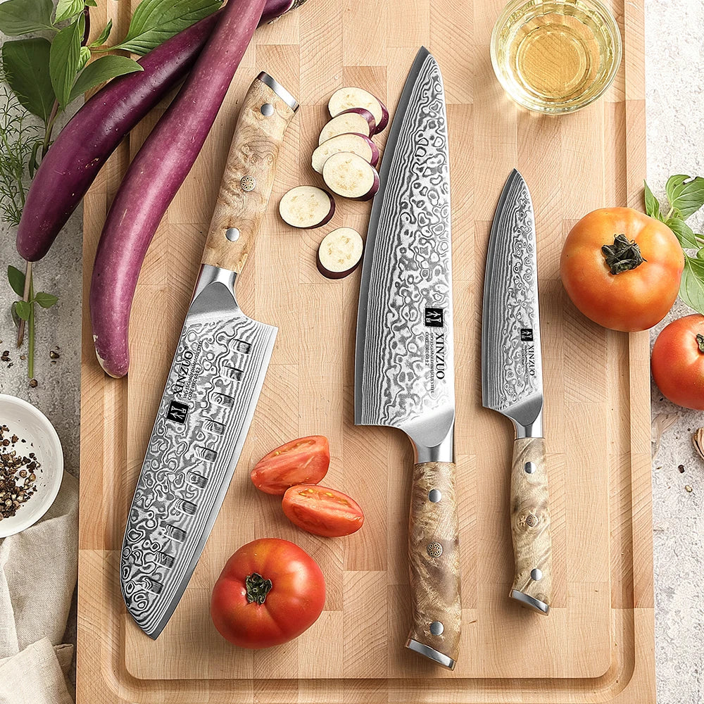 XINZUO 1-3PCS Damascus Steel Knife Set Chef Santoku Utility Knives 67 Layers Super Steel Figured Sycamore Brass Rivets 60HRC