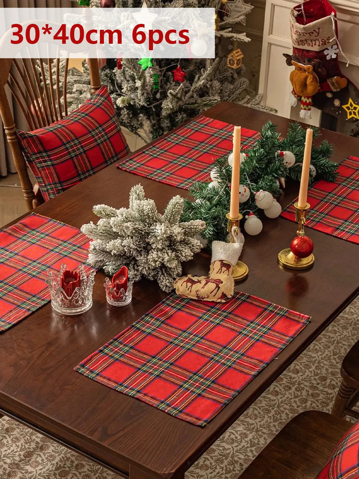 2/4/6Pcs Christmas Tartan Plaid Placemats Washable Table Mats for Holiday Dining Table Decor