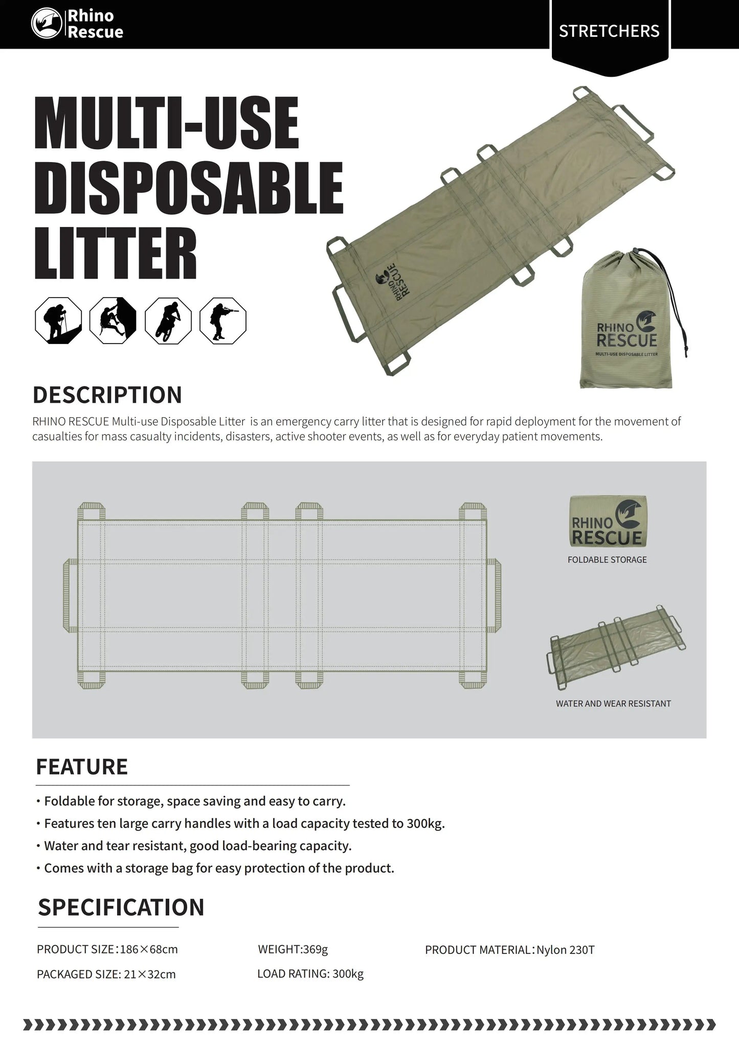 RHINO RESCUE Disposable Emergency Stretcher Portable Rescue Litter for Outdoor Camping First Aid Kit IFAK