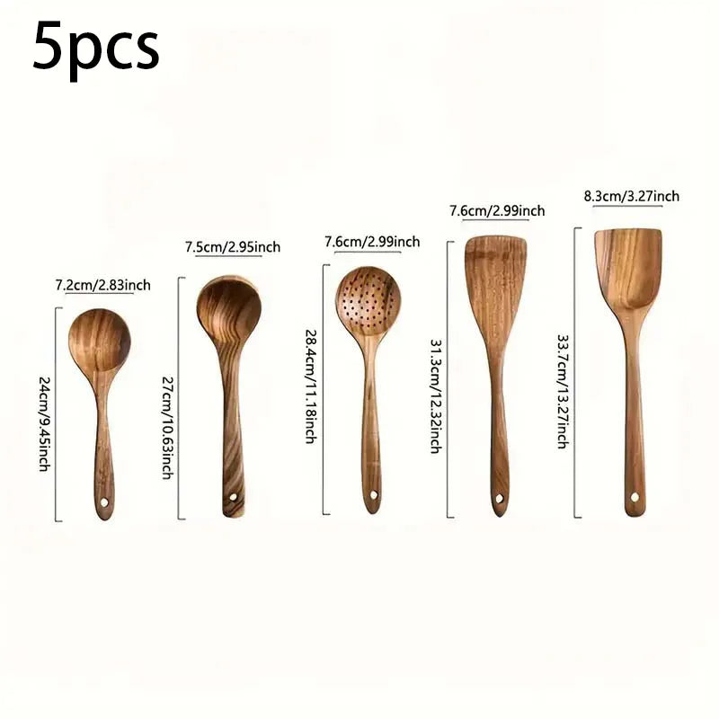 Natural Wood Kitchen Tool Set, 5 Pieces - Includes Spoon, Spatula & Slotted Spoon for Festive Family Meals & Baking