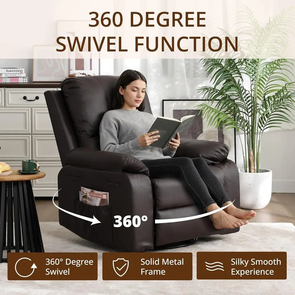 Overstuffed Leather Recliner With 360 Swivel And Pockets
