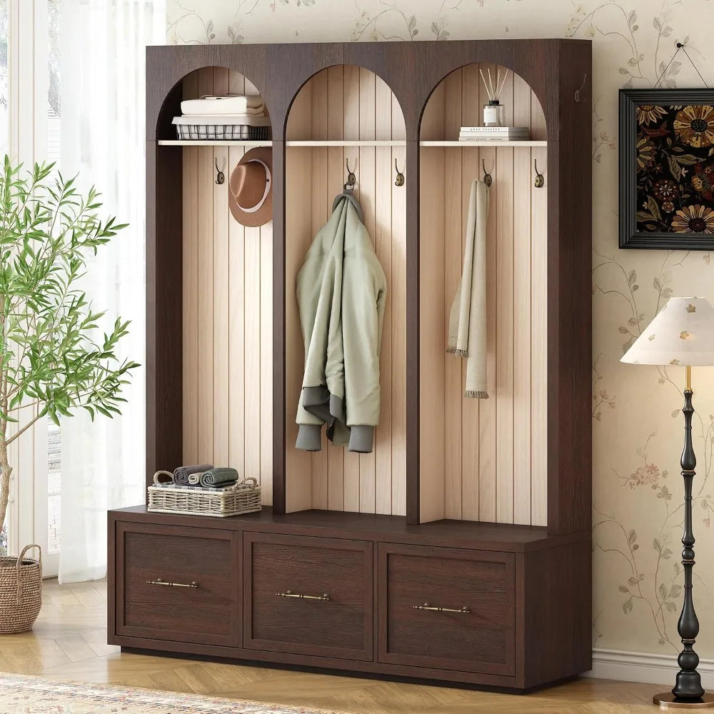 Farmhouse Wood Hall Tree with Shoe Bench & 3 Drawers, 4-in-1 Coat Rack 8 Hooks for Entryway, Hallway