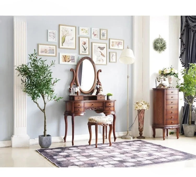 -European Solid Wood Mirror Table Bedroom Dresser Amercia Princess Furniture Dark Villa Luxury Carved Makeup Table Dressing Tabl