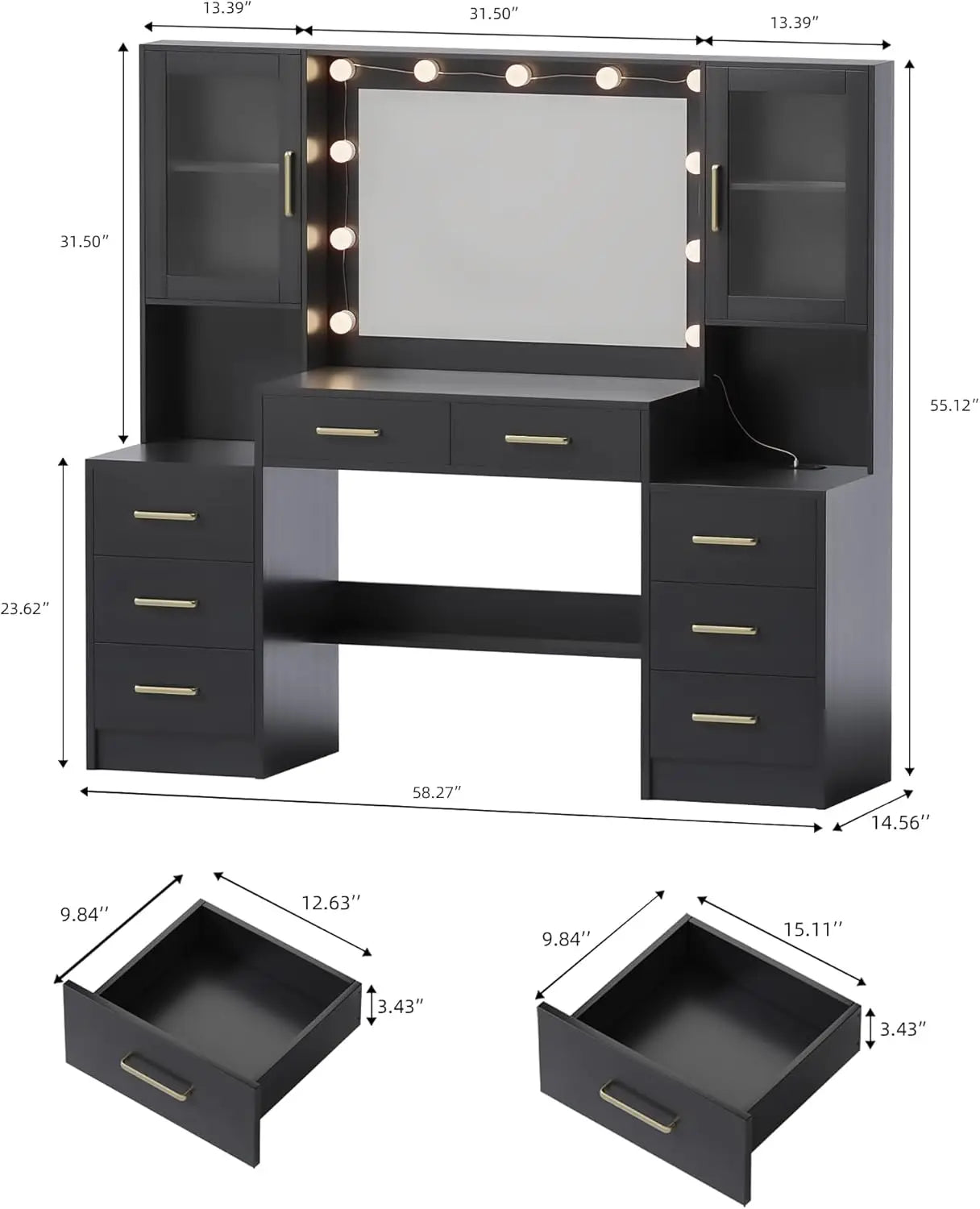 Black Vanity Desk with Mirror, Lights & Charging Station, 58.3" Makeup Table with 8 Drawers and Storage