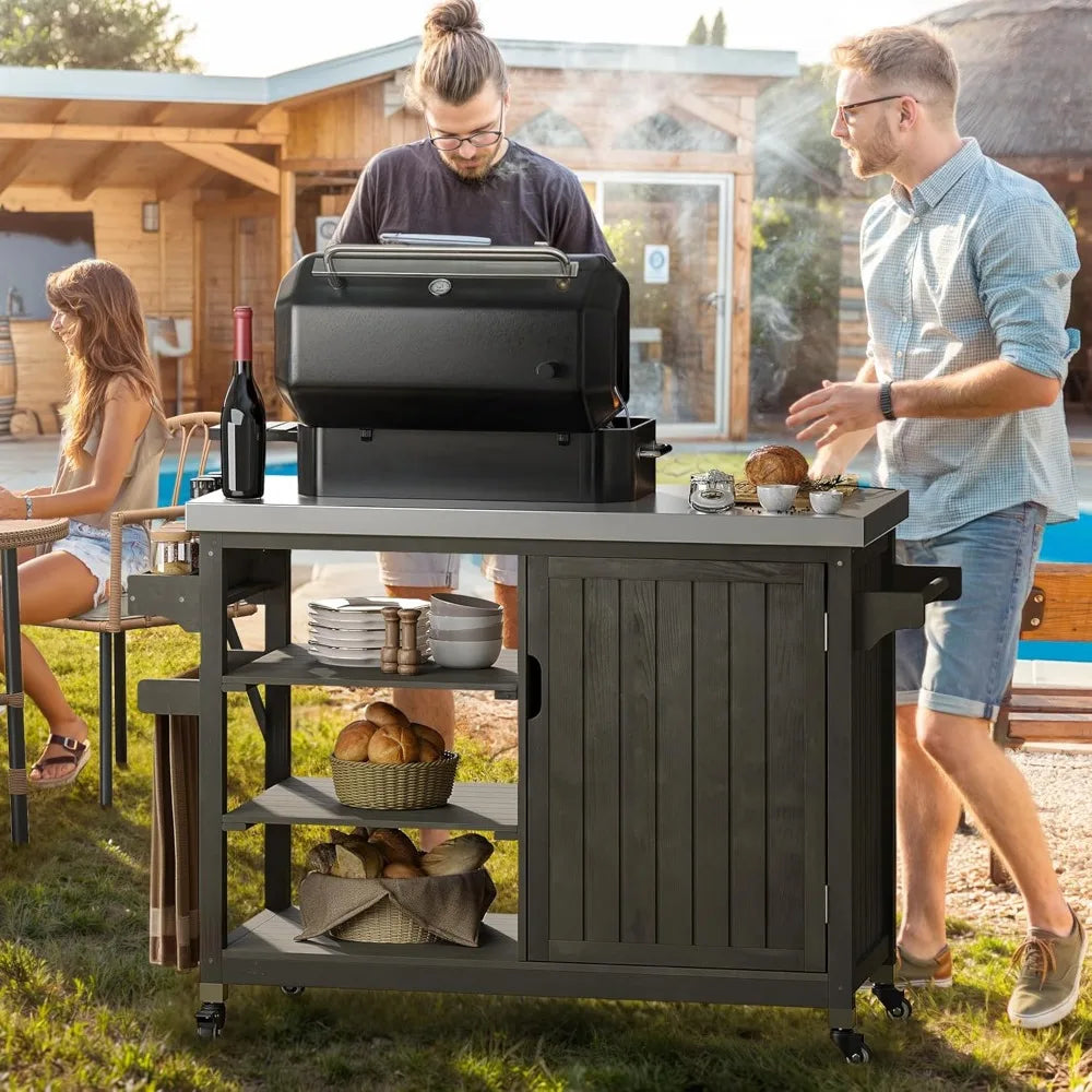 Solid Wood Outdoor Grill Cart With Stainless Table