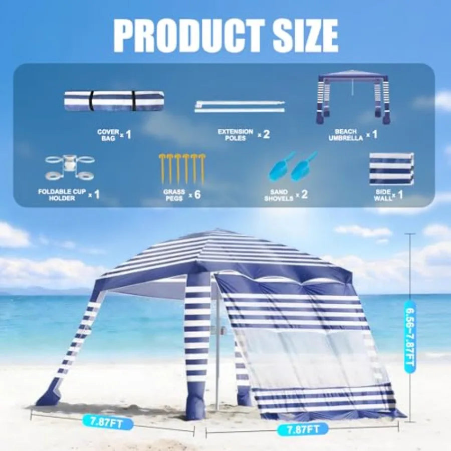 Beach Cabana Tent for outdoor use, polyester fabric, beige, UPF 50+ sun protection, foldable with adjustable height, 8'×8' size