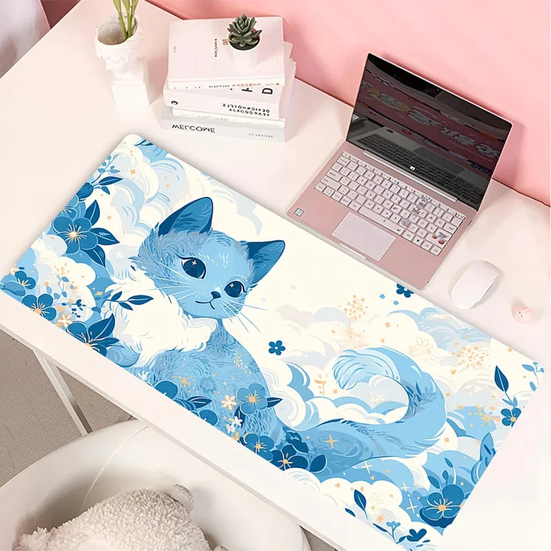 Clouds Black Cat Mouse Pad PC Green Plants Flower Gaming Keyboard Rug Laptop Kawaii Anime Gamer Cabint Mousepad Cute Desk Mat