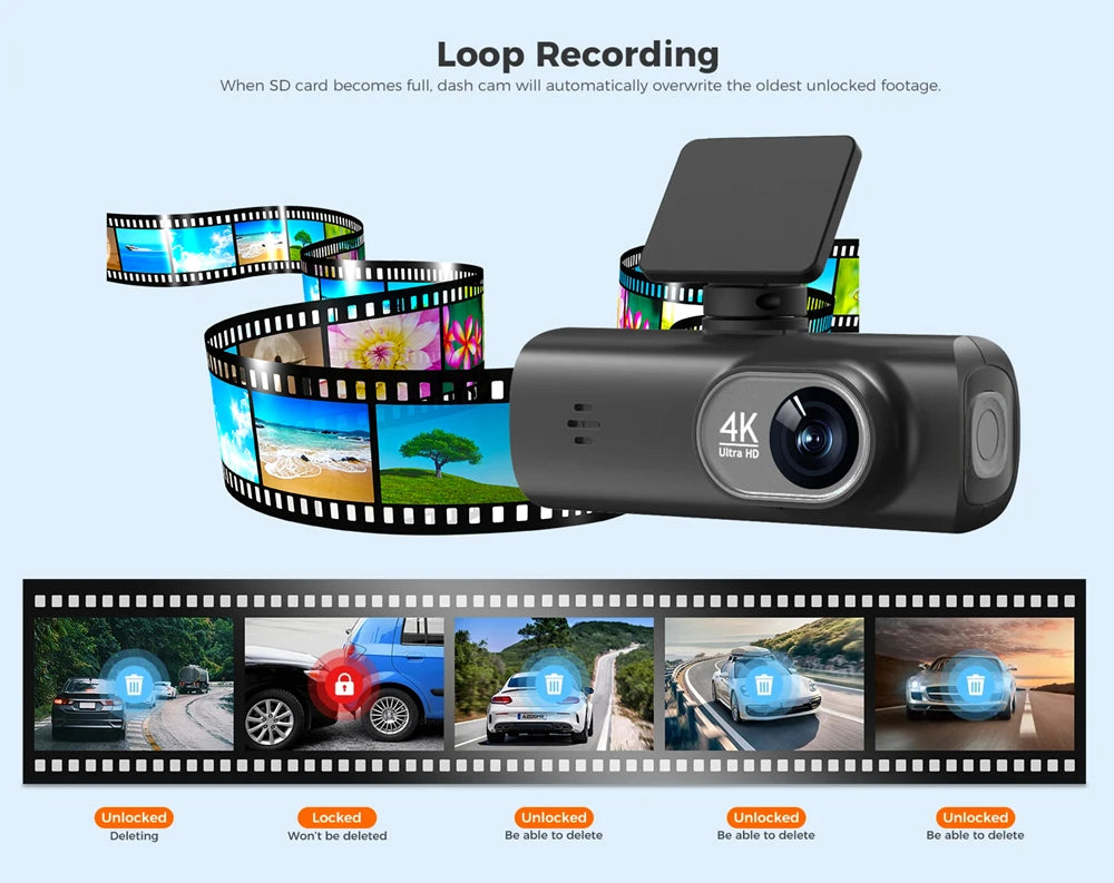 UHD 4K WiFi Dash Cam Dual Lens Driving Recorder Car DVR Optional 1080P Rear Lens Camera GPS 24H Parking Monitoring Black Box