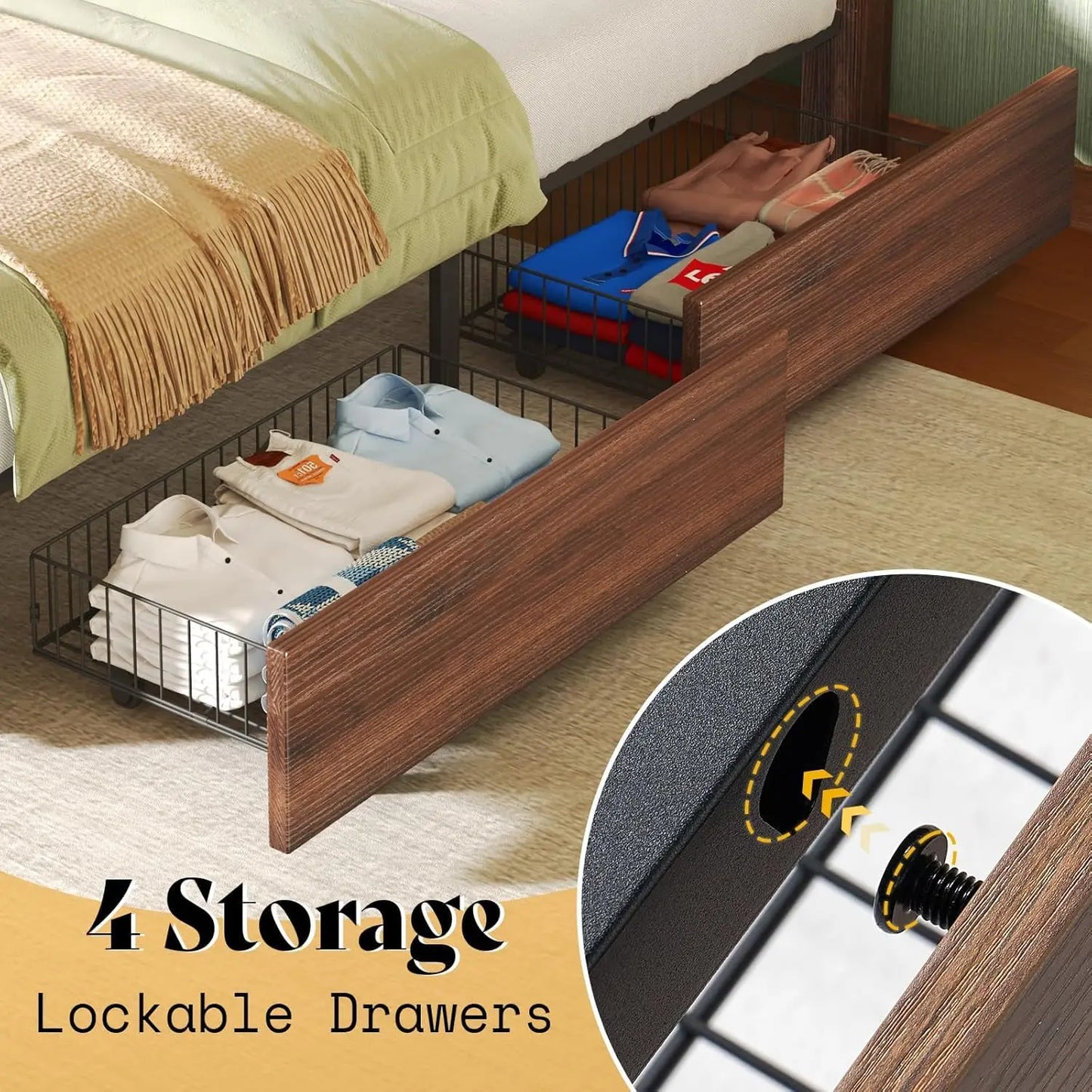 Queen Size Farmhouse Bed Frame with 4 Drawers, Wooden Storage Bed Frame with Headboard and Heavy Duty Metal Slats,Custom