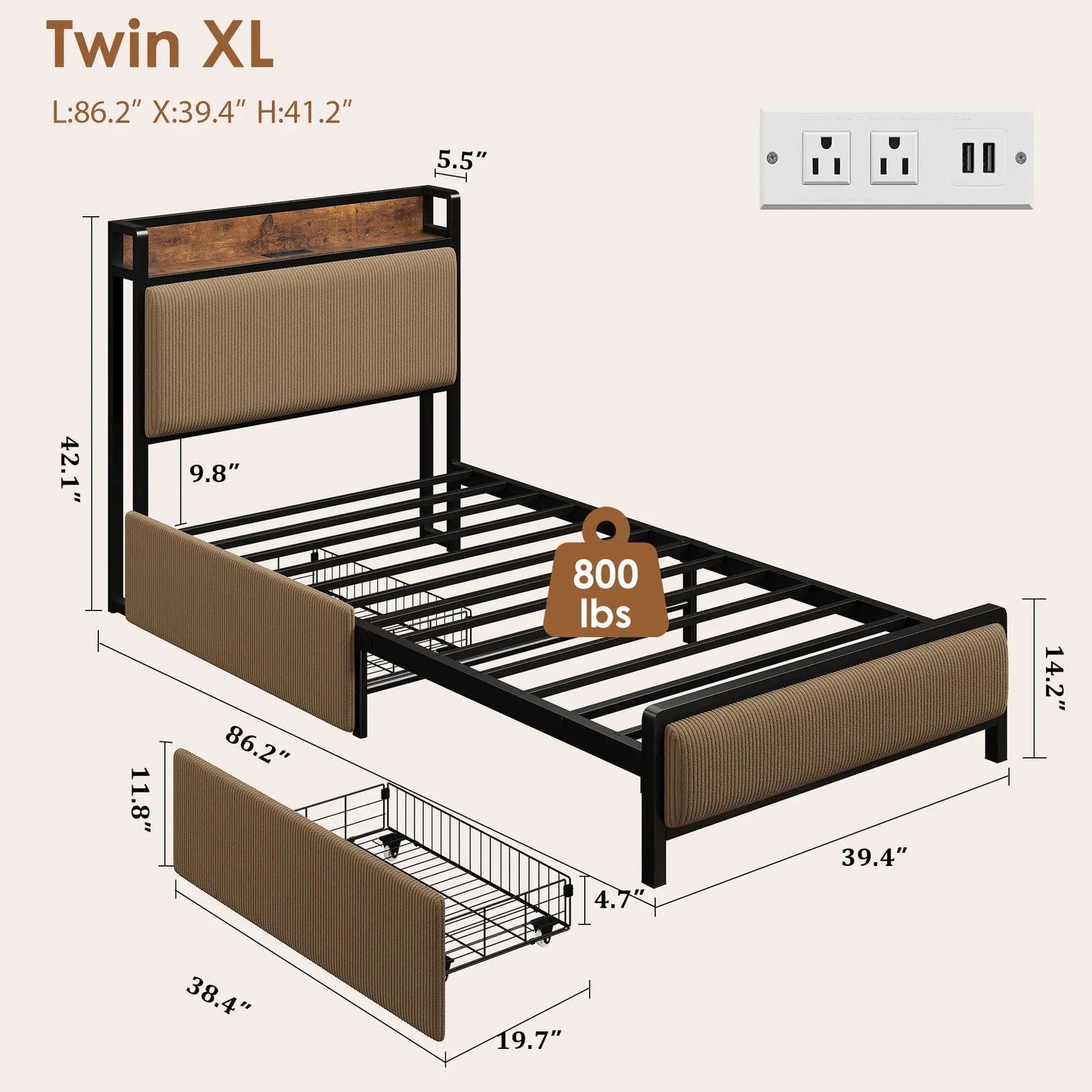 Mid Century Modern Platform Bed Frame With Charging Station