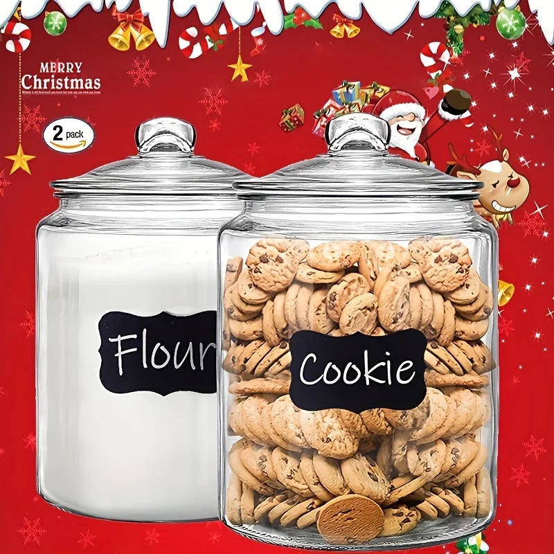 2pcs Glass Pantry Jar with Clamshell Lid for Pantry And Kitchen Countertops - Hand Washed, Reusable Round Container for Biscuits, Candy, Pasta - 1 Set Of 2pcs