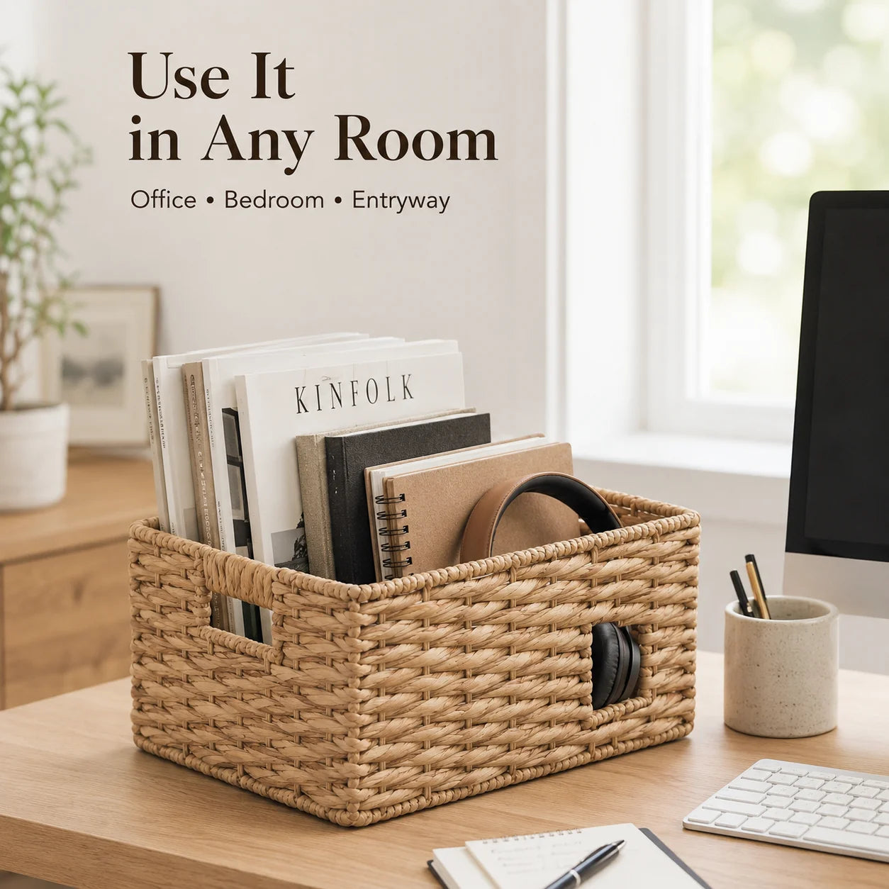 Water Hyacinth Storage Basket Woven Shelf Organizer with Handles for Closet Bathroom Kitchen Pantry Bedroom Living Room Office