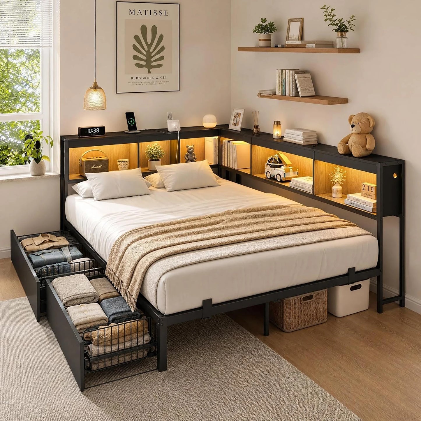 Twin/Full Corner Bed Frame With Bookcase Headboard, RGB LED Lights, 2 Drawers, Charging Station, Reversible, 2 AC 2 USB Ports