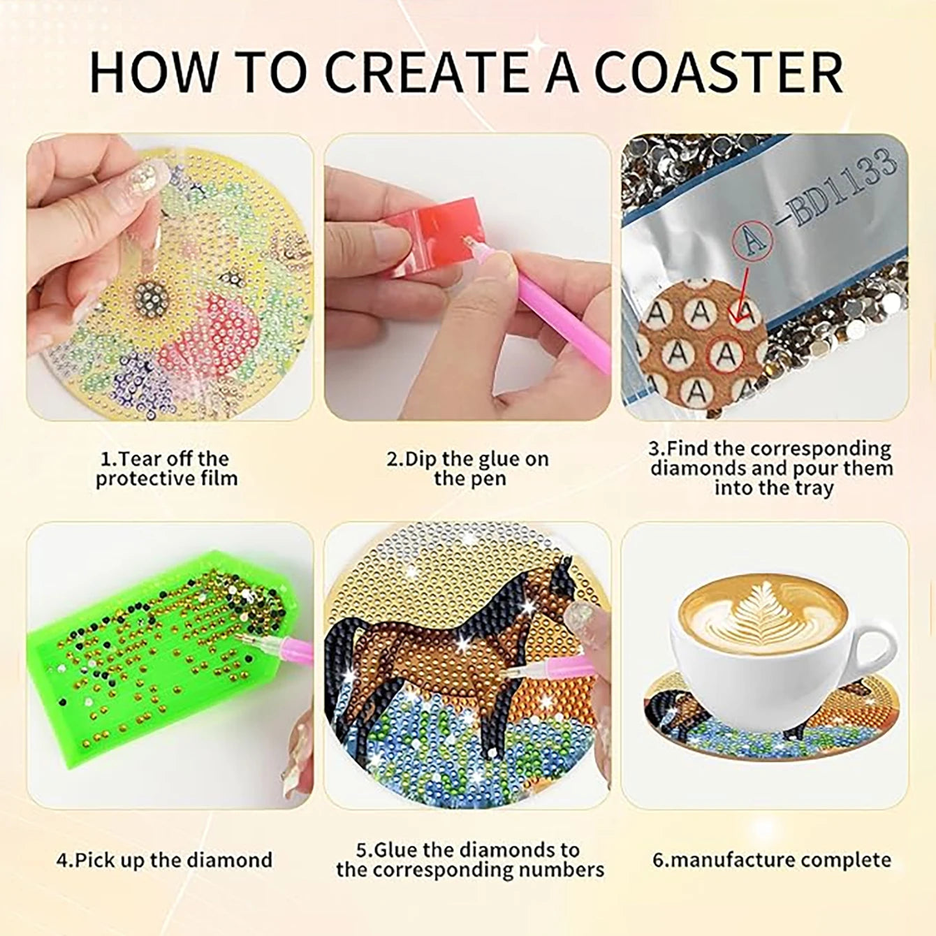 8 pieces/set animal horse pattern diamond painted coaster set with holder DIY coaster beginner coaster, craft supplies gift