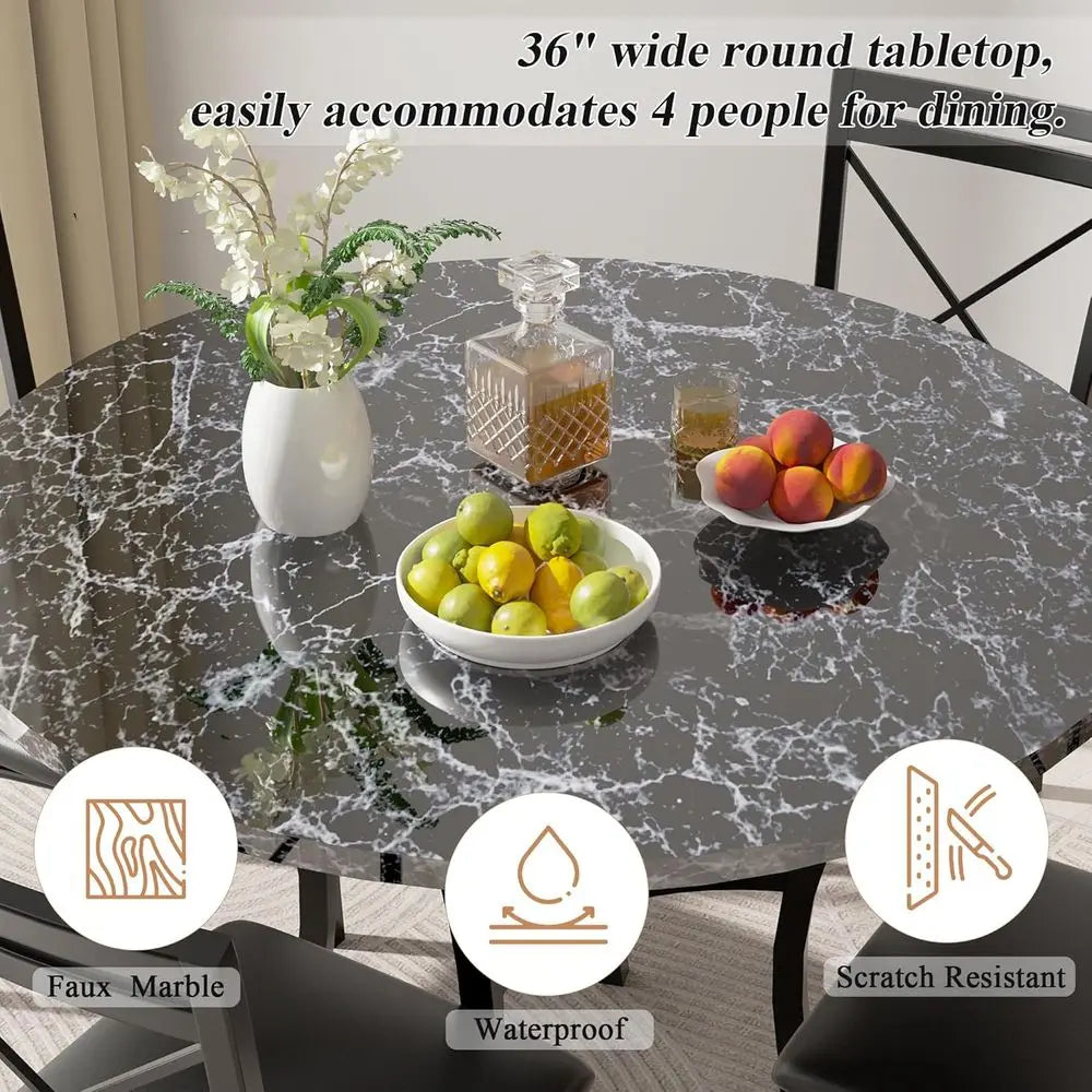 Space Saving Round Dining Table Marble Look Metal Frame