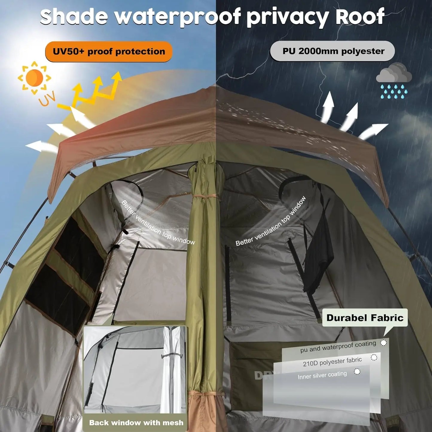 Camping Shower Tent Deluxe Easy Setup Privacy Shelter with Floor Drain for Beach Hiking