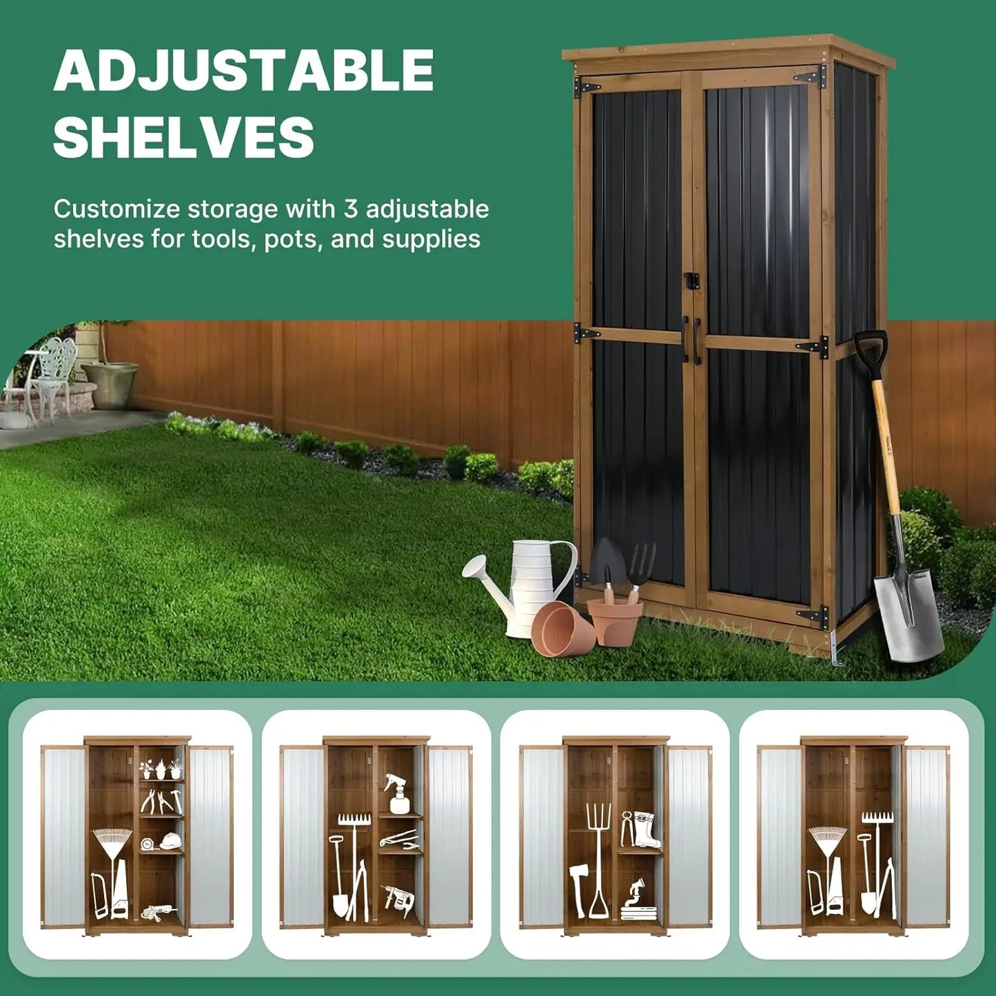 Metal Garden Storage Cabinet Weather-Resistant Lockable 3 Shelves Adjustable Patio 32x15.5x66, Custom