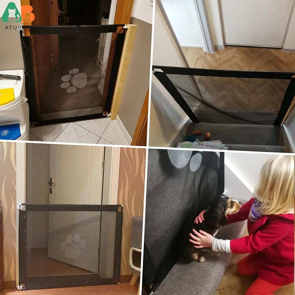 ATUBAN Dog Gate 39.3"x31.5" No Drill/Self-Adhesive,Adjustable,for Stairways,Doorways,Bedroom,Kitchen Pet Mesh Gate for Hallways