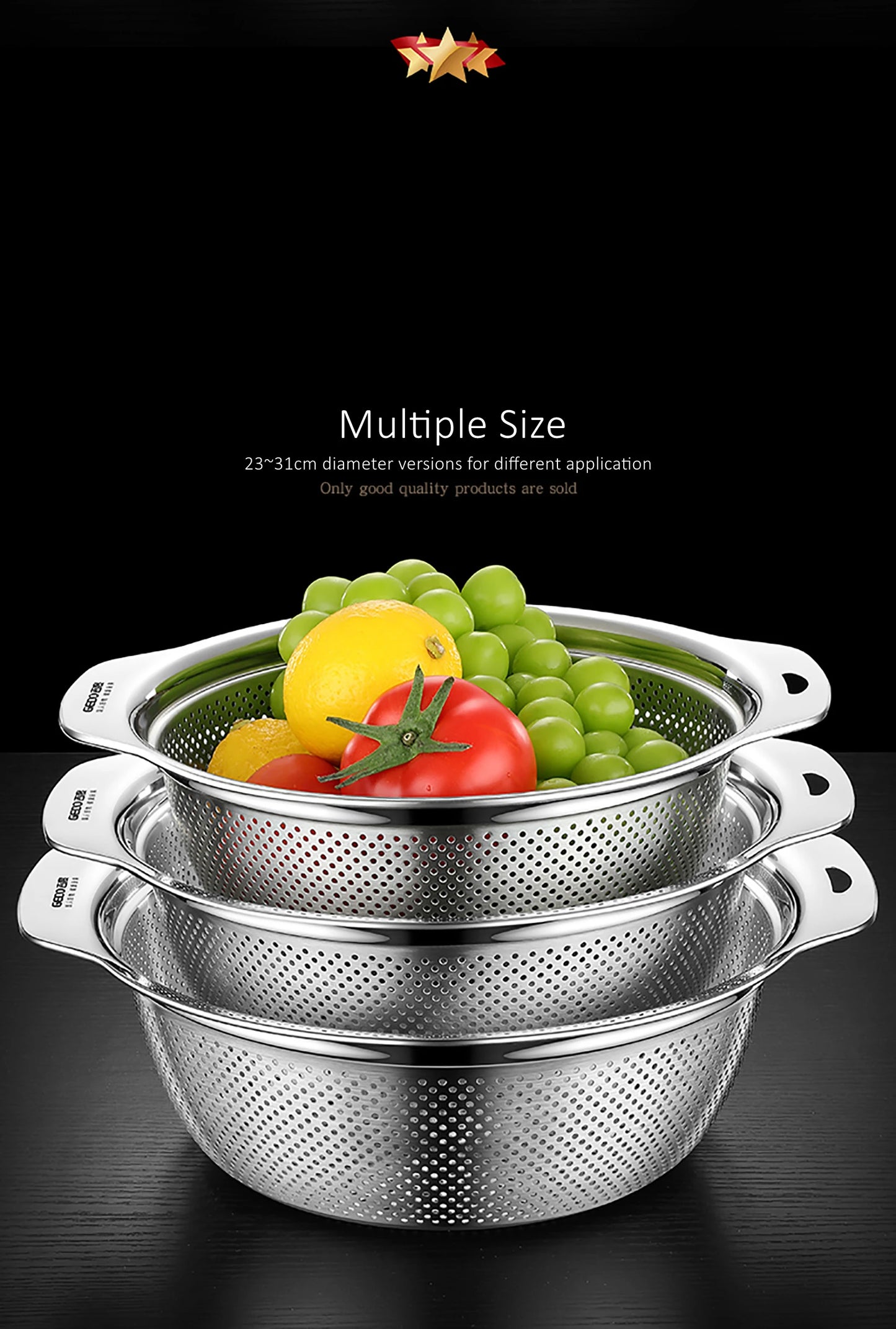LFGB Certification 304 Stainless Steel Kitchen Washing Drainage Basin 23cm~31cm Diameter Colander with Dense Small Holes