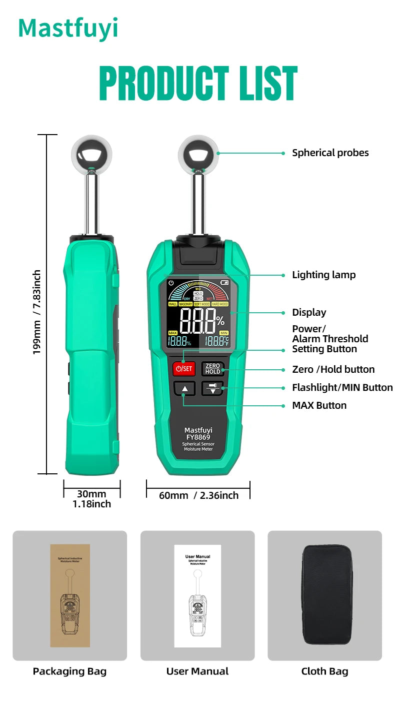 MASTFUYI Ball-shaped Non-destructive Moisture Meter, High Accuracy Digital Wood Water Leak Detector & Wall Humidity Tester