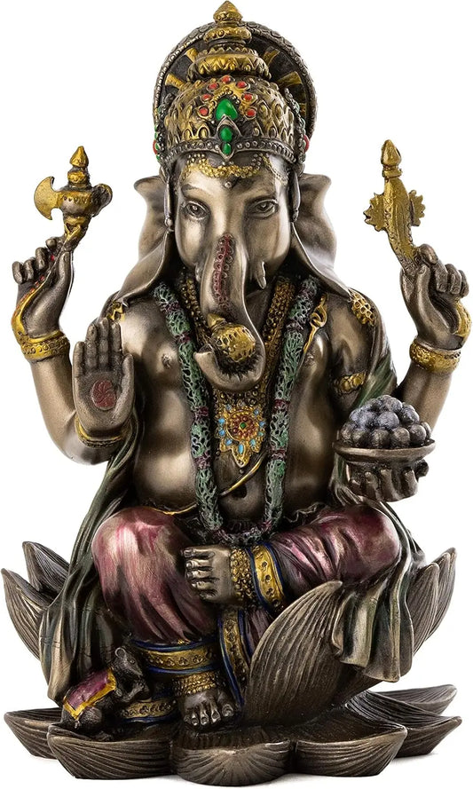 Ganesha Statue Sitting on Lotus Pedestal - Lord of Success, Cold Cast Bronze, 7.25-Inch Hindu God Figurine