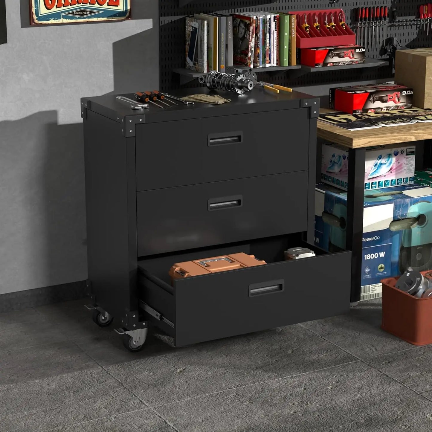 Metal Garage Cabinet with Wheels Mobile Storage Cabinet with Three Drawers for Utility Room Home Office Garage Assembly Required