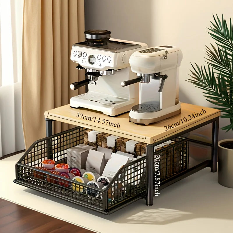 Kitchen Counter Storage Rack with Metal Drawer, Solid Wood & Metal Pull-Out Organizer for Coffee Maker, Microwave And Tableware