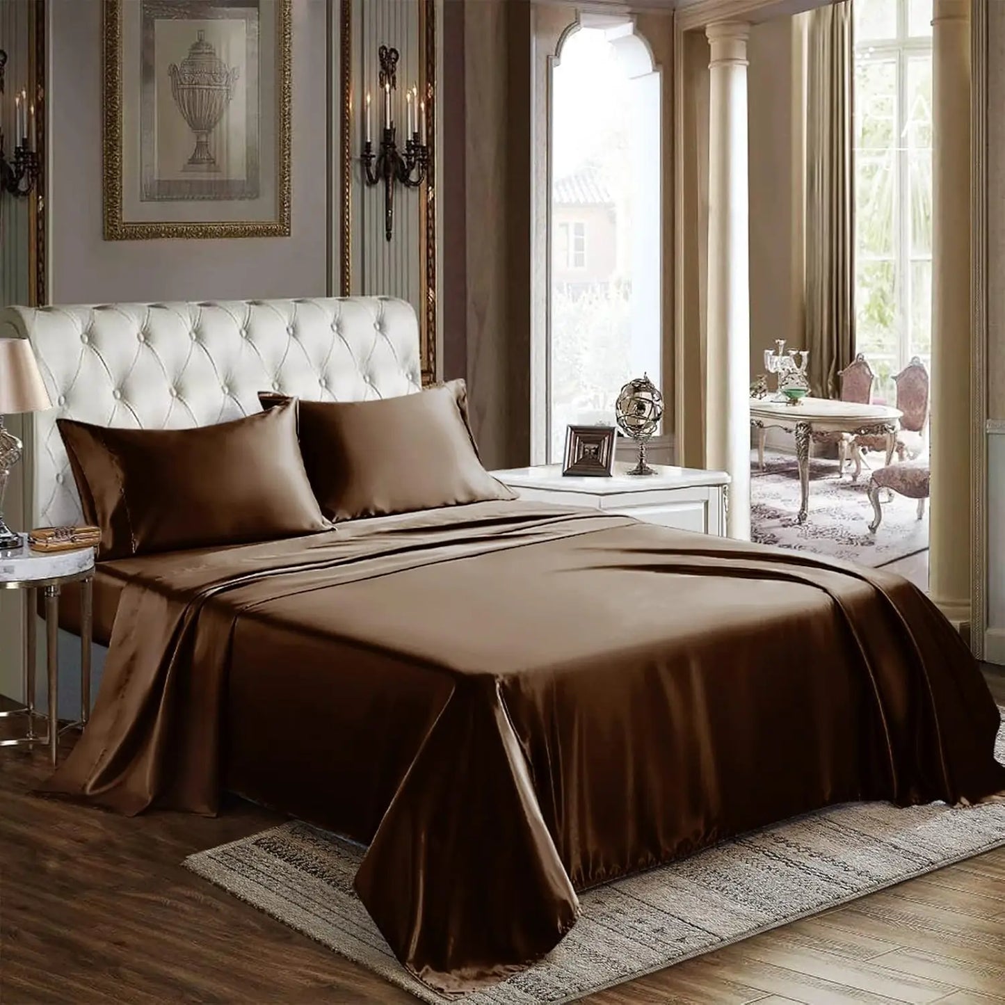 Satin Sheets Queen Size 4 Piece Bed Sheet Set with Silky Deep Pocket Fitted Sheet Flat Sheet and 2 Pillowcases