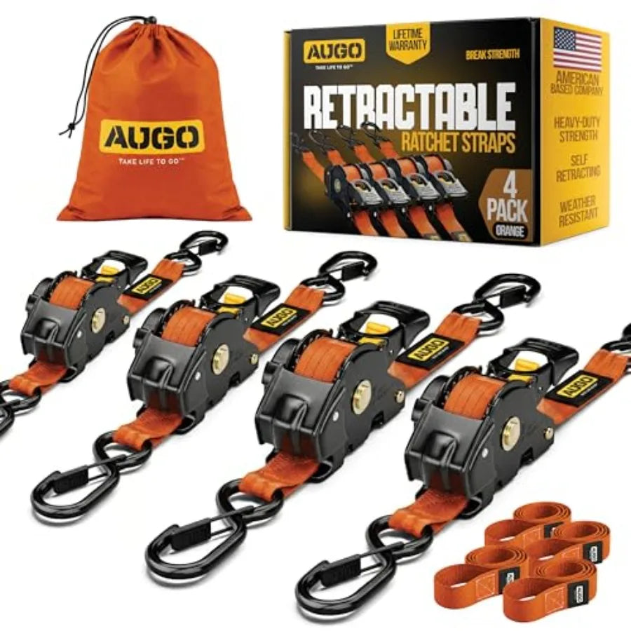 Retractable Ratchet Straps 2 Heavy Duty Ratchet Straps Self Retractable Tie Downs with Soft Loops and Storage Bag for Motorcycl