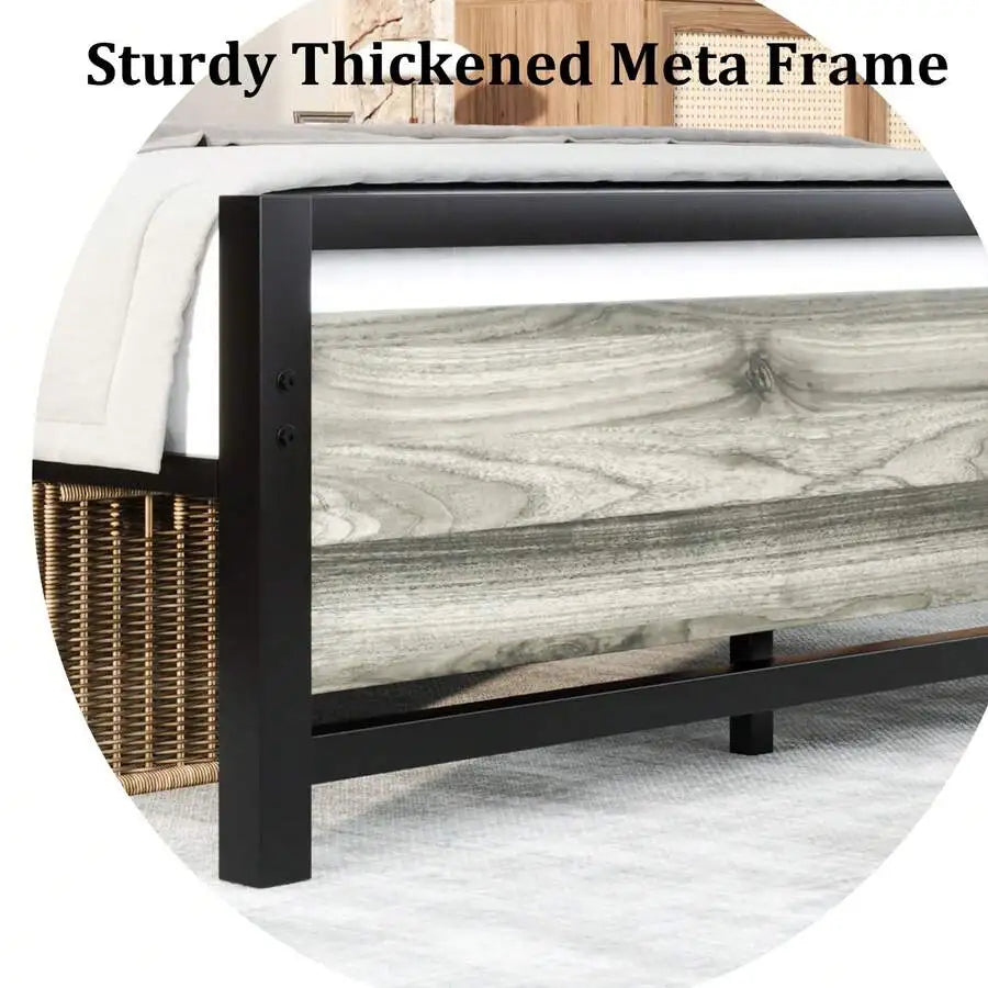 Bed Frame With Headboard, Farmhouse Bed Frame With Wooden Headboard, Heavy Duty Metal Bed Frame, No Box Spring Needed, Noise-Free, Esay Assembly, Bedroom Furniture,Twin/ Full/ Queen, Black/ Gray/ White/ Brown