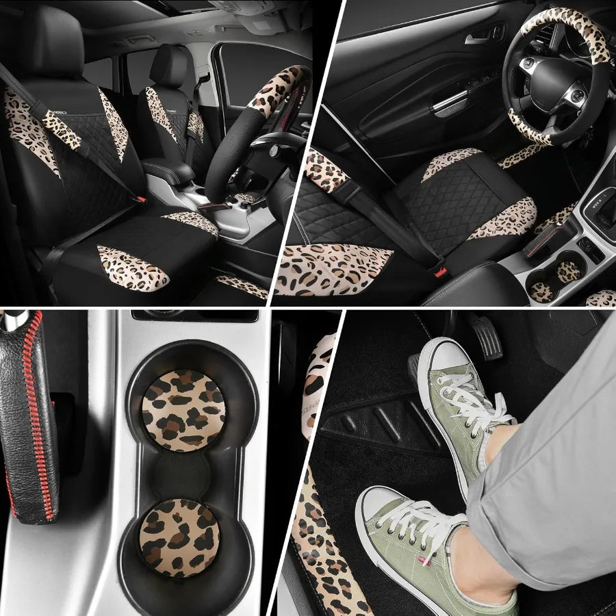 Leopard Print Faux Leather Car Seat Covers Car Mats Steering Wheel Cover and Seat Belt Pad Set with Universal Fit for SUVs Vans