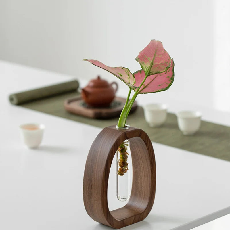 Premium Solid Wood Floral Vase With Glass Plant Insert