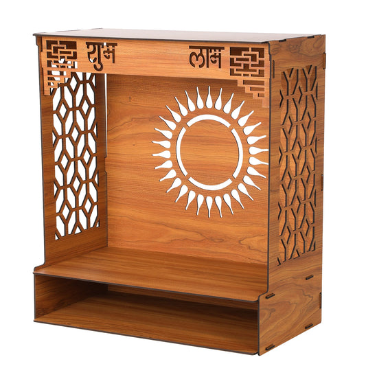 Wooden Temple Mandir with Double Shelf DIY Wall Mounted Pooja Mandir Carved Hollow Design for Living Room Bedroom and Office