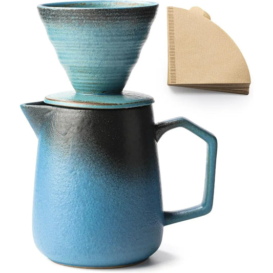Pour Over Coffee Maker Blue Ceramic Coffee Dripper 20oz/620ml with 50 pcs V60 Paper Filter Drip Coffee Brewer for Home Cafe Ent