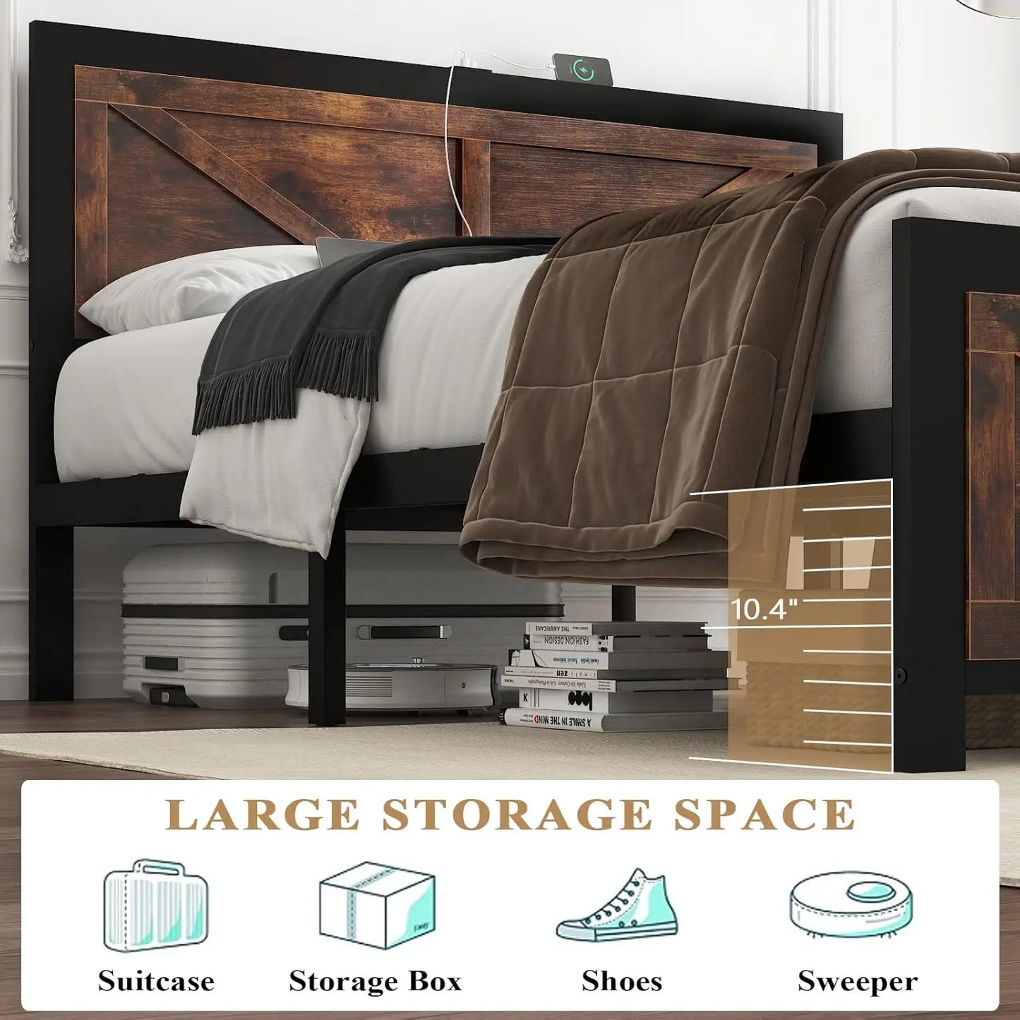LED Bed Frame With USB Charging And Industrial Headboard