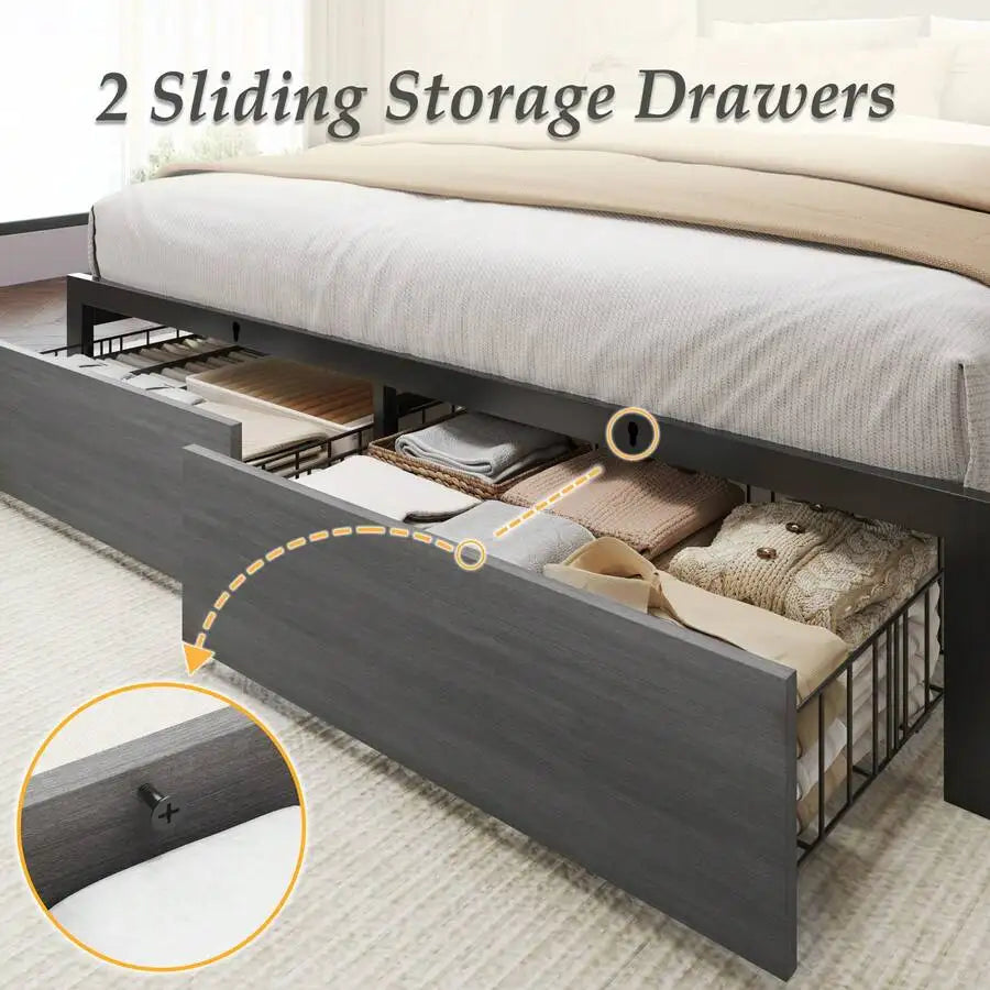 Queen & Full Bed Frame With Storage, 2-Tier Storage Headboard & Built-In Drawers, Metal Platform Bed With USB Charging Station & LED Lights, Noise Free, No Box Spring Needed, Easy Assembly,Rustic Grey