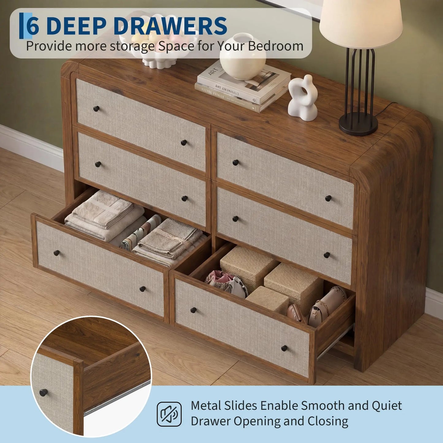 6 Drawer Dresser For Bedroom 49 Inch Wide Chest Of Drawers With Linen Drawer Modern Storage Cabinet With Rounded Corners Anti Tip Kit For Living Room Entryway Home Office