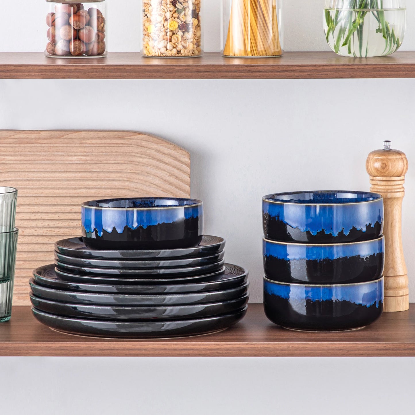 vancasso 12/24 PCS Starry Blue Reactive Glaze Stoneware Dinnerware Sets Ceramic Plates Set with 4 pcs Dinner Plate/Dessert/Bowl