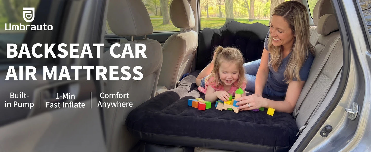 Umbrauto Back Seat Car Air Mattress: Cordless Inflatable SUV Car Camping Bed for Truck Van with Built-in Air Pump, Thickened Double-Sided Flocking Travel Car Sleeping Pad