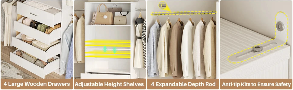 4-9Ft Closet System with 4 Wooden Drawers, Walk-in Closet Organizer Wardrobe Clothes Rack with 4 Hanging Rods, Garment Rack