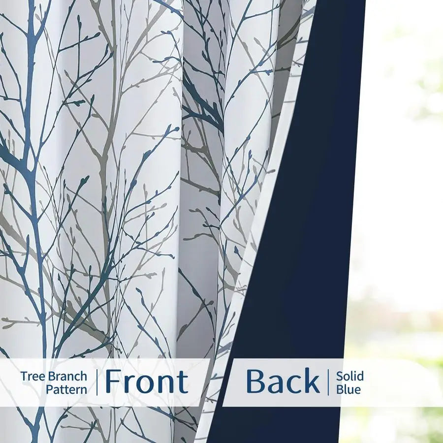 100 Blackout Curtains for Bedroom, Blue White Tree Curtains 84 Inches Long for Living Room, Grey Farmhouse Room Darkening Window