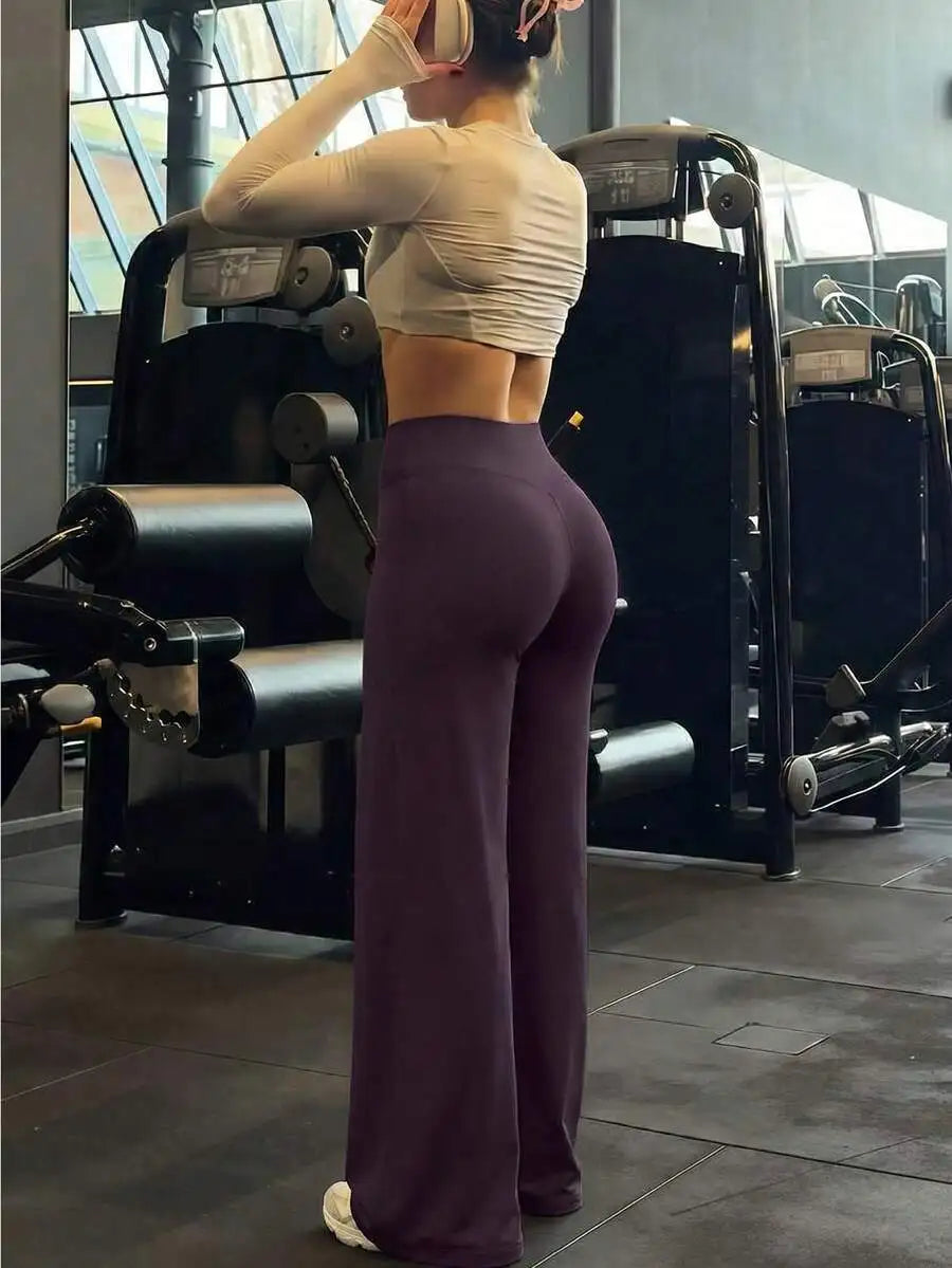 Women's High Waist Wide Leg Pants For Outdoor Exercise, Comfortable Sports Casual Leggings, High Elastic Flare Pants For Commuti