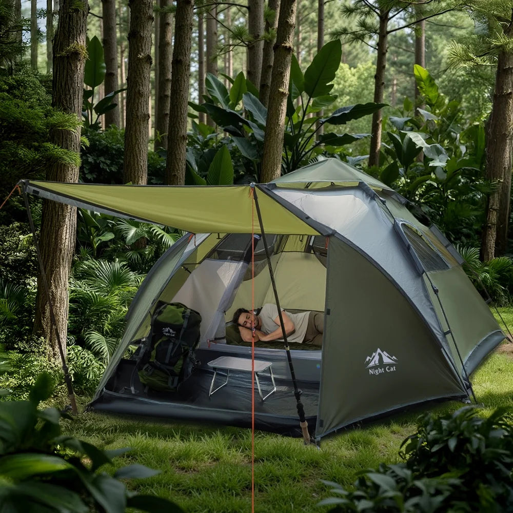 Night Cat Pop Up Tent 2-3 Persons Instant Set Up Tent with Footprint Tarp & Porch, Automatic Double Layer Waterproof Camping Tent with Rainfly