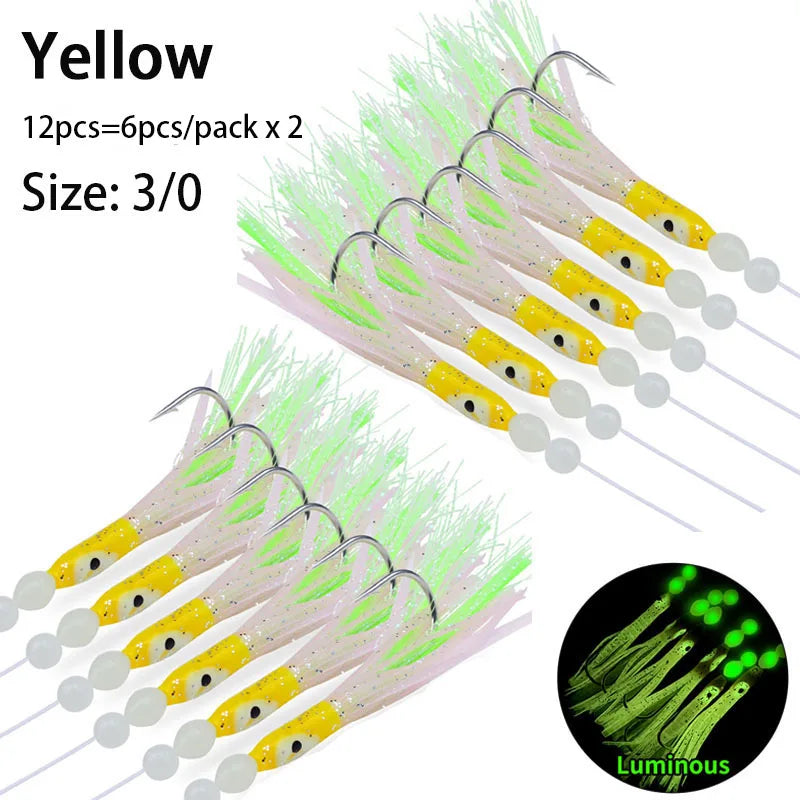 2 X 6Pcs/Set Luminous Squid Sabiki Rig Baits Soft Octopus Fishing Hook Bass Trout Salmon Lures