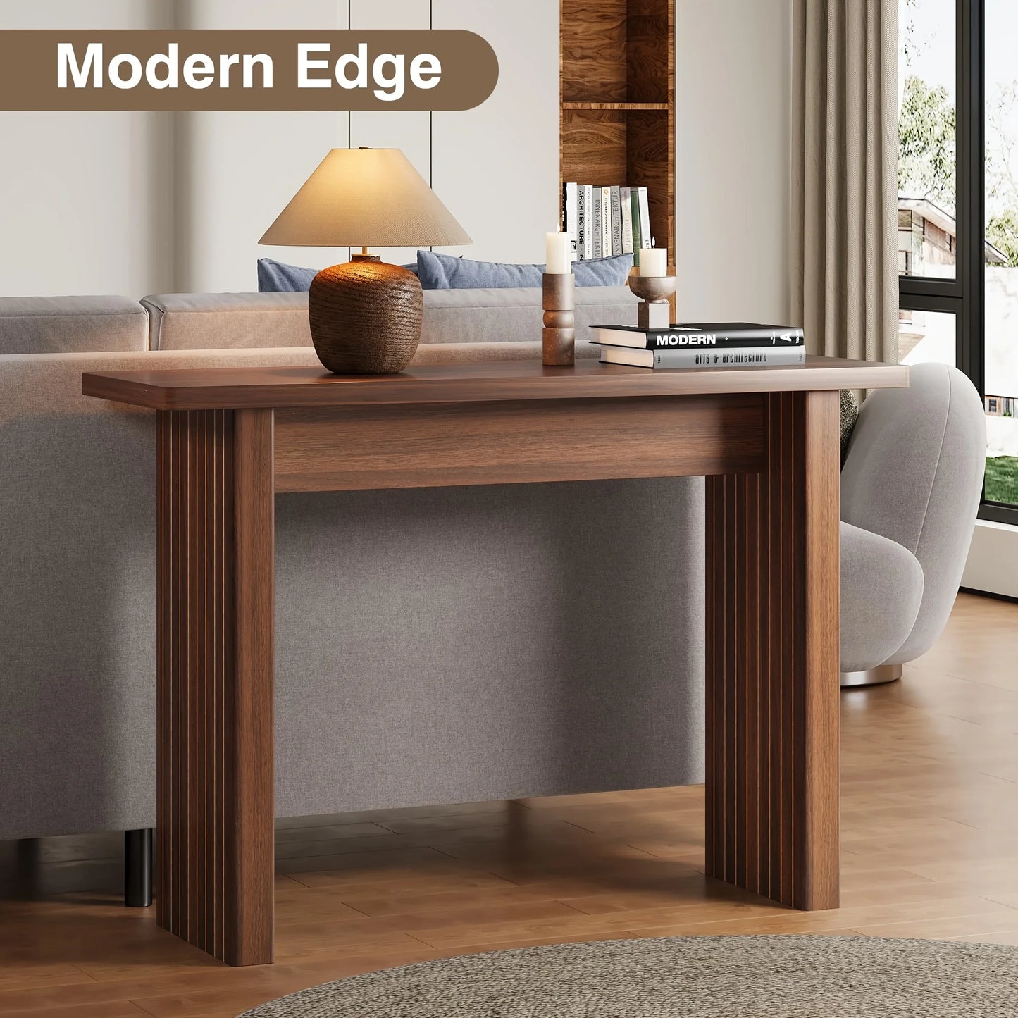 Mid Century Narrow Entryway Console Table, 43.3" Fluted Wood Couch Table Behind Sofa Long And Skinny for Living Room