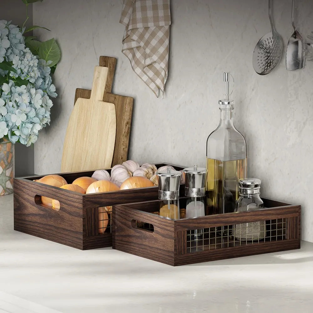 2 Pack Rustic Wooden Nesting Crates, Wall Mount Storage Baskets with Full Accessories, Multipurpose Organizer for Kitchen Pantry Bathroom Fruit Bread