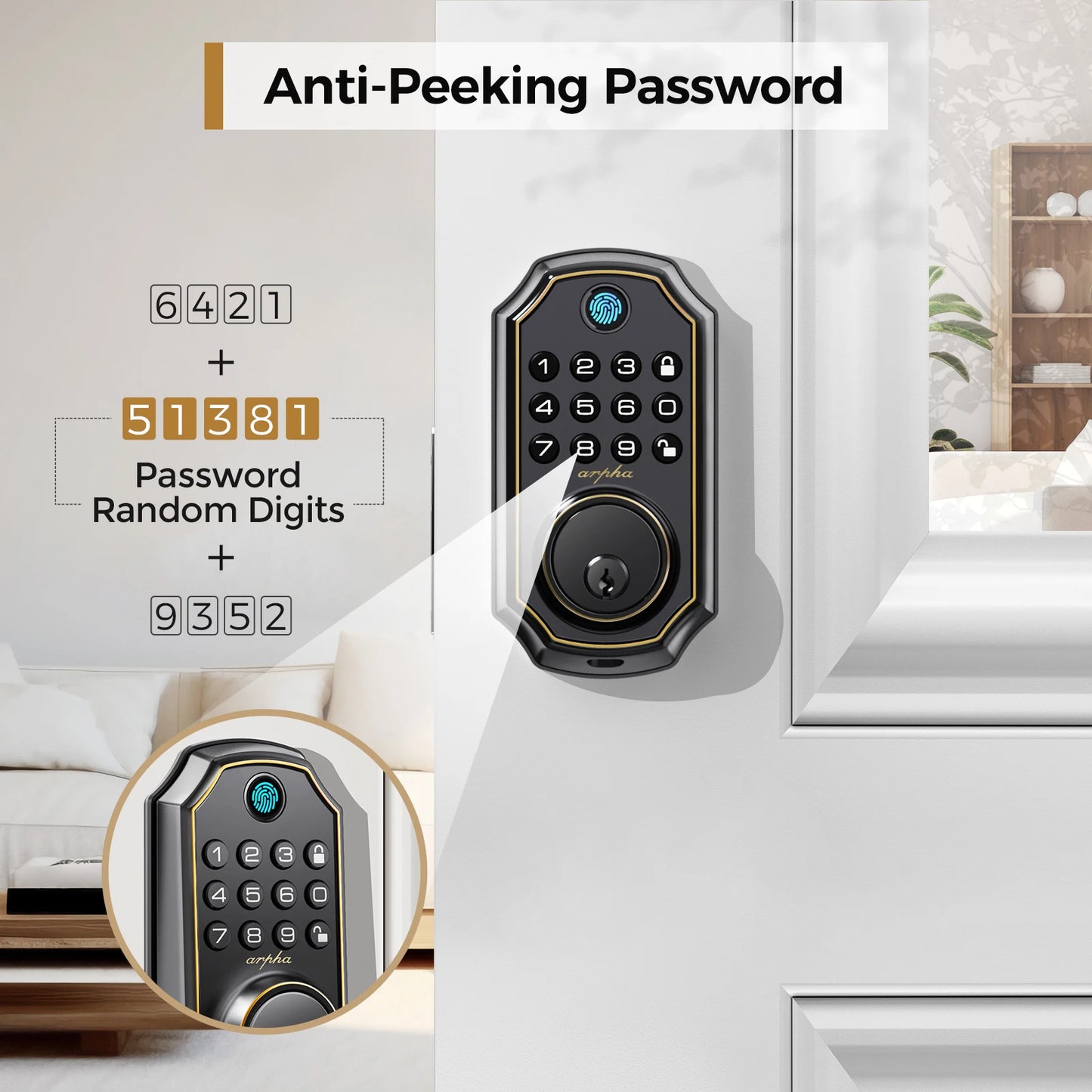 Arpha D280 Keyless Entry Door Lock 5-in-1 Smart Fingerprint Deadbolt with Keypad Electronic Deadbolt Auto-Lock One Touch Lock