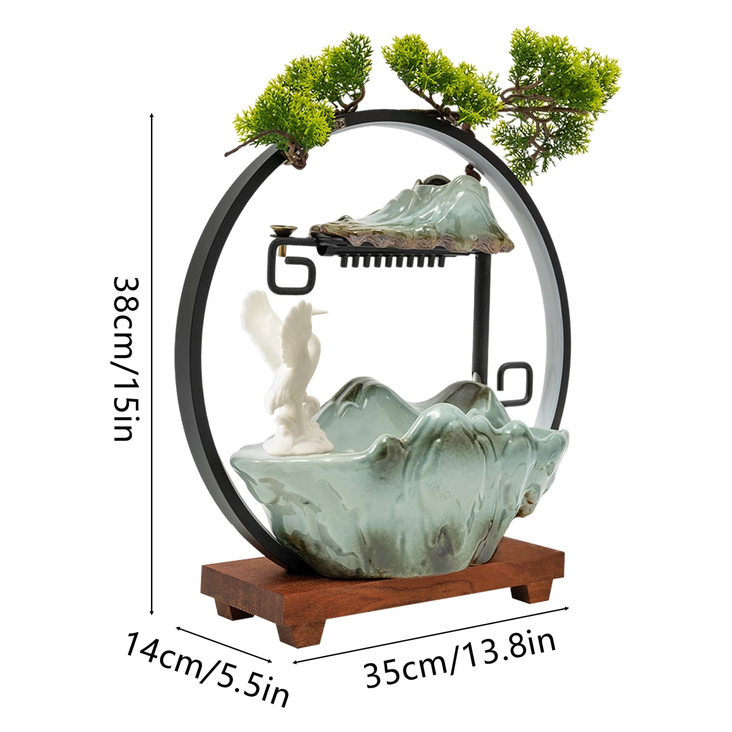 Black Manual Tabletop Water Fountain,Indoor Ceramic Waterfall with LED Light Mist Desk Fountain for Decorative Item