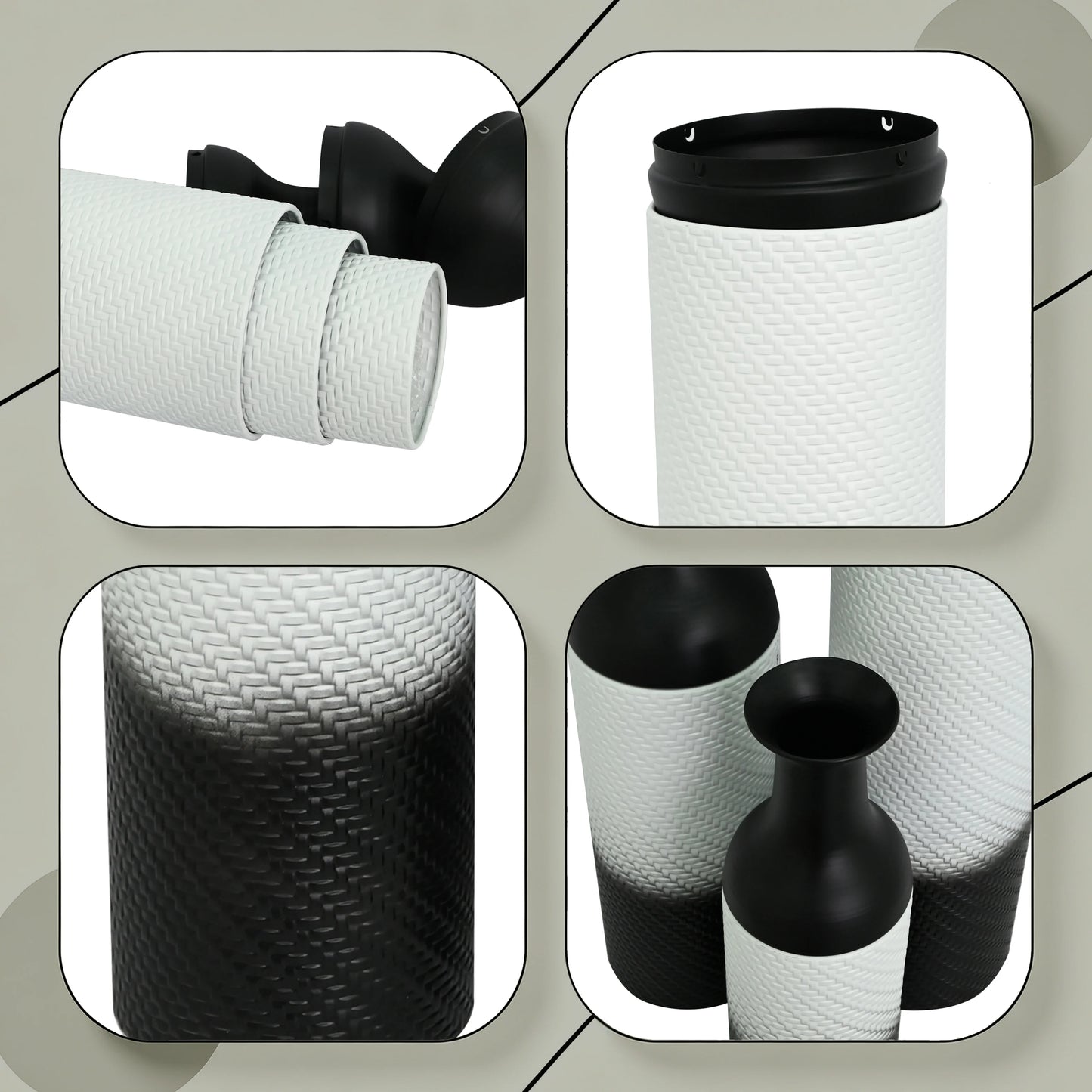 3-Tier Metal Floor Vases Set, Black & White Leaf Pattern Tall Vases, Modern Art Home Decor for Living Room Entryway